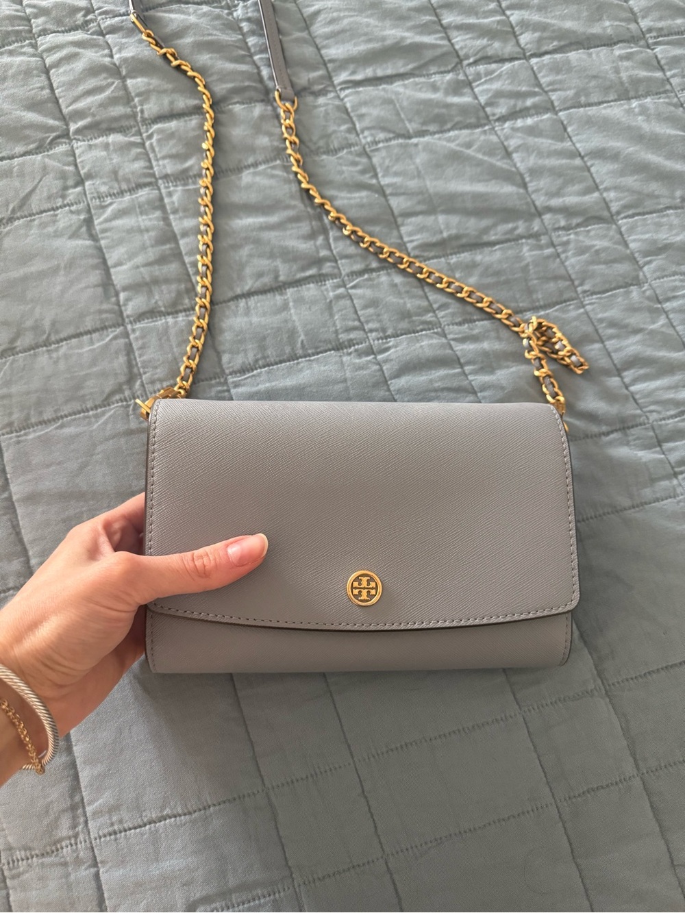Tory Burch Light Blue Leather Chain Crossbody with Gold Hardware